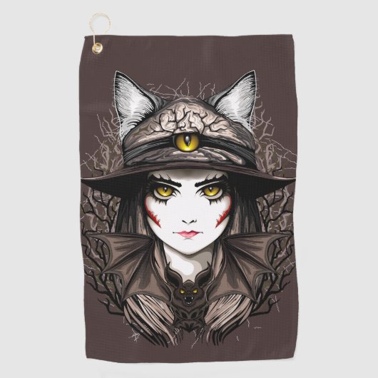 Serviette De Golf Chat de sorcière Halloween Déplaisant Portrait mig (Devant)