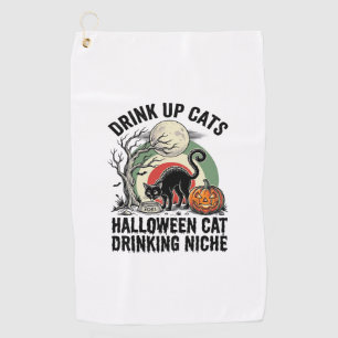Serviette De Golf Chat d'Halloween buvant Vintage Moon Party Shirt_1