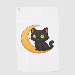 Serviette De Golf Chat noir souriant aux yeux verts brillants assis