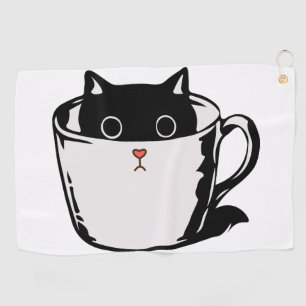 Serviette De Golf Chaton noir avec nez rouge caché dans une tasse