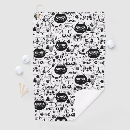 Serviette De Golf Chats blancs noirs face motif (En situation)