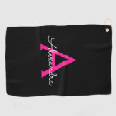 Serviette De Golf Chaud rose noir Script Girl Nom du monogramme (Horizontal)