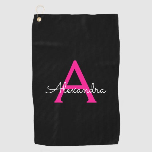 Serviette De Golf Chaud rose noir Script Girl Nom du monogramme (Devant)