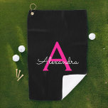 Serviette De Golf Chaud rose noir Script Girl Nom du monogramme<br><div class="desc">Monogramme noir et rose chaud Nom serviette de golf. Cela rend le cadeau parfait pour 16 ans,  mariage,  douche nuptiale,  anniversaire,  baby shower ou bachelorette pour quelqu'un qui aime le luxe glam et les styles chic.</div>