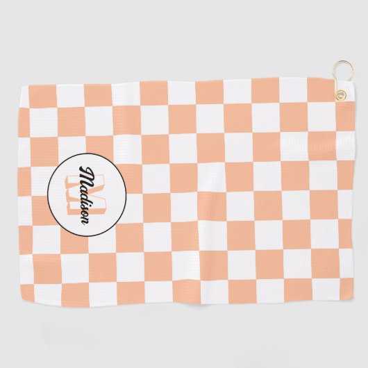 Serviette De Golf Checkered peach white geometric retro Monogram (Horizontal)