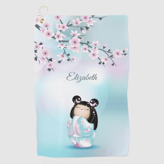 Serviette De Golf Cherry Blossoms Kokeshi Doll rose Turquoise Nom (Devant)