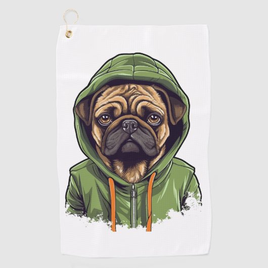 Serviette De Golf Chien carlin portant Sweat - shirt à capuche vert (Devant)