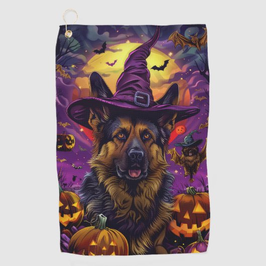 Serviette De Golf Chien de berger allemand Halloween Sorcière Citrou (Devant)