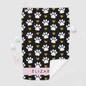 Serviette De Golf Chien Paws, White Paws, Gold Hearts, Votre Nom (En situation)
