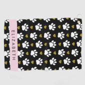 Serviette De Golf Chien Paws, White Paws, Gold Hearts, Votre Nom (Horizontal)
