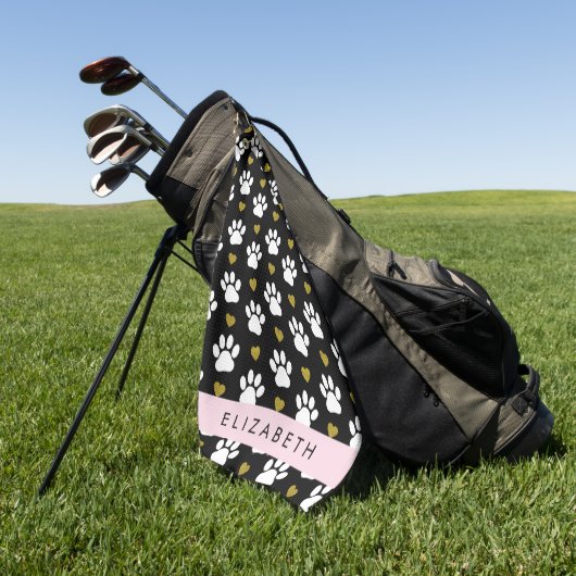 Serviette De Golf Chien Paws, White Paws, Gold Hearts, Votre Nom (Vert)