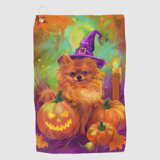 Serviette De Golf Chien Poméranien éffrayant Halloween sorcière et C (Devant)