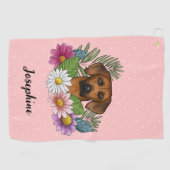 Serviette De Golf Chien Rhodesian Ridgeback avec des fleurs et nom R (Horizontal)