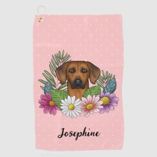 Serviette De Golf Chien Rhodesian Ridgeback avec des fleurs et nom R (Devant)