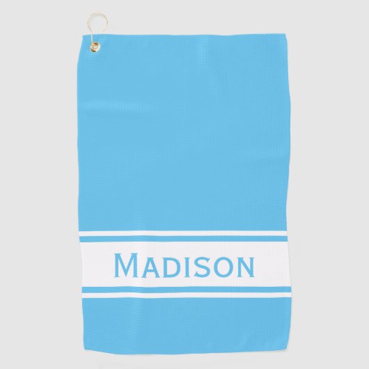 Serviette De Golf Ciel Bleu Bleu Blancs Nom moderne Monogramme (Devant)