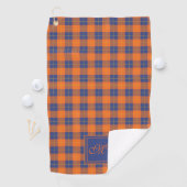 Serviette De Golf Citrouille orange bleu Tartan Plaid Monogramme (En situation)