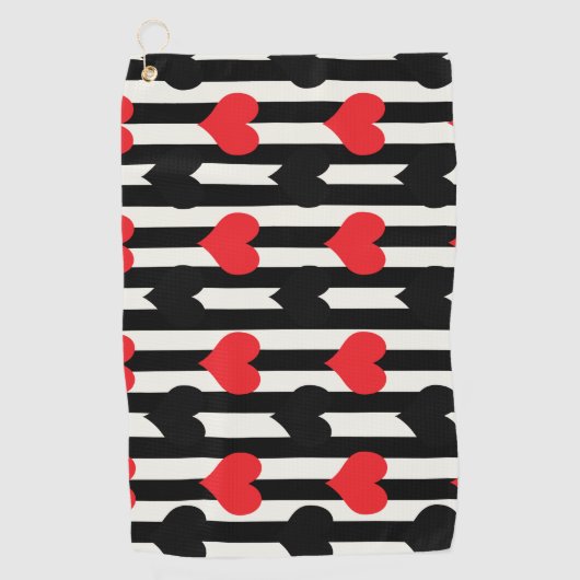 Serviette De Golf Coeurs Noirs Rouges Sur Bandes Blanches Noires (Devant)