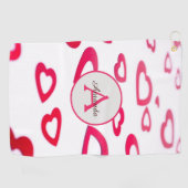 Serviette De Golf Coeurs rouges de Valentine moderne avec monogramme (Horizontal)