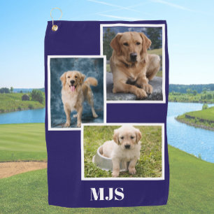 Serviette De Golf Collage de photos de chien bleu Monogramme Personn