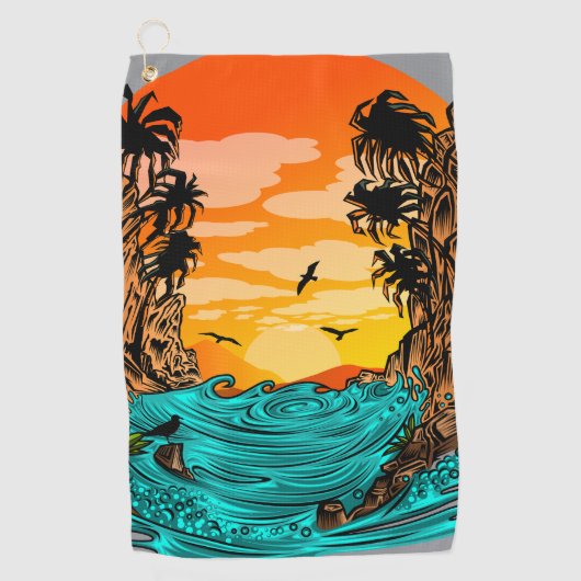 Serviette De Golf Coucher de soleil de palmier (Devant)