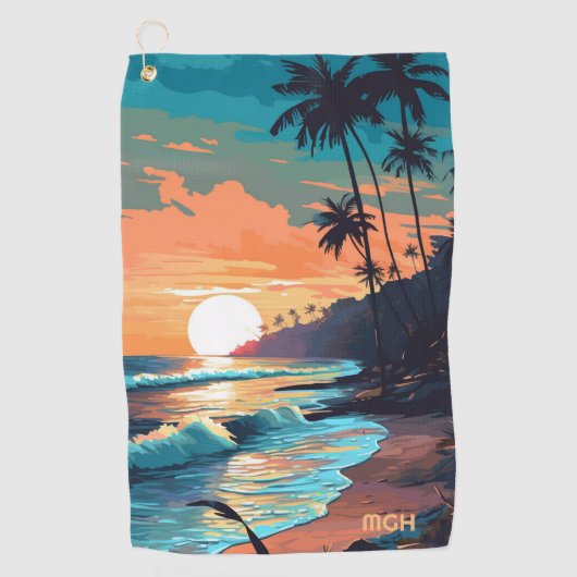 Serviette De Golf Coucher de soleil de plage tropicale sur mesure (Devant)