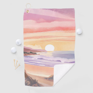 Serviette De Golf Coucher de soleil sur la mer rose Peinture aquar