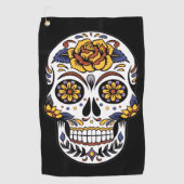Serviette De Golf Crâne à sucre rose jaune sur noir (Devant)