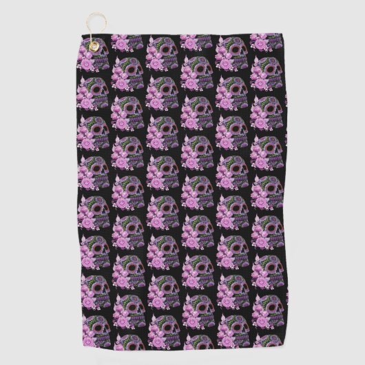 Serviette De Golf Crâne de sucre rose floral noir Jour des morts (Devant)