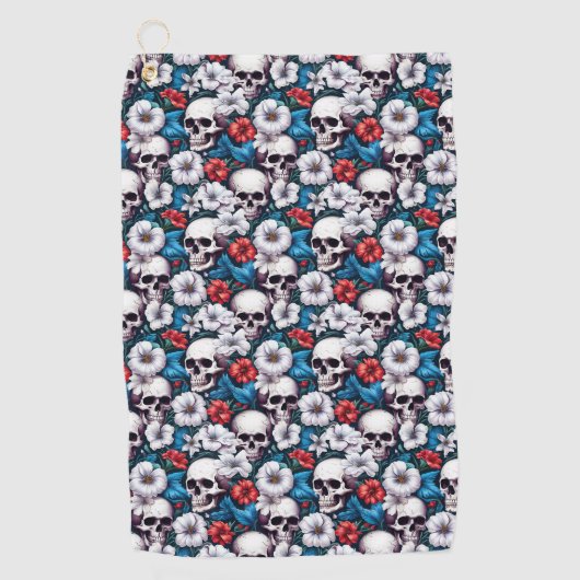 Serviette De Golf Crânes à fleurs rouges et blanches (Devant)