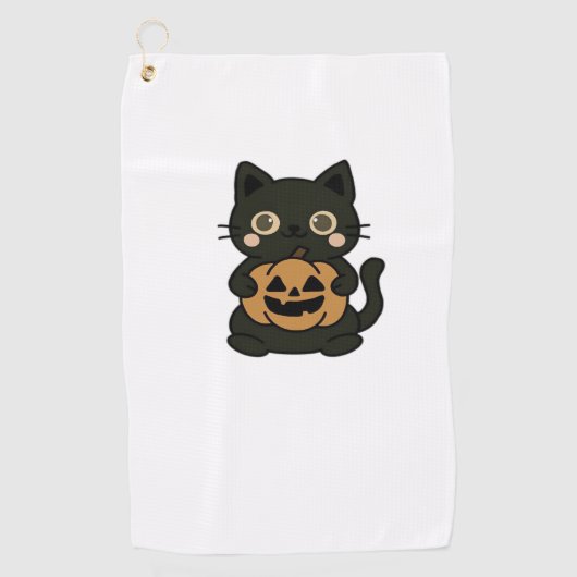 Serviette De Golf Cute Black Cat Holding Jack-o'-lantern Citrouille (Devant)
