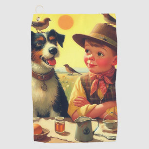 Serviette De Golf Cute Retro Chien et Enfants Peinture