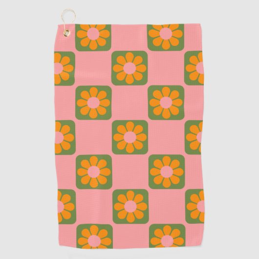 Serviette De Golf Cute Retro Hippie Fleur Checkerboard Rose Vert   (Devant)