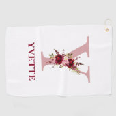 Serviette De Golf Dames Blush Rose Floral Initiale Y et Nom (Horizontal)