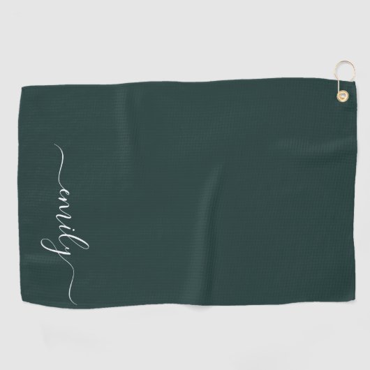 Serviette De Golf Dark Green Modern Script Nom du monogramme (Horizontal)
