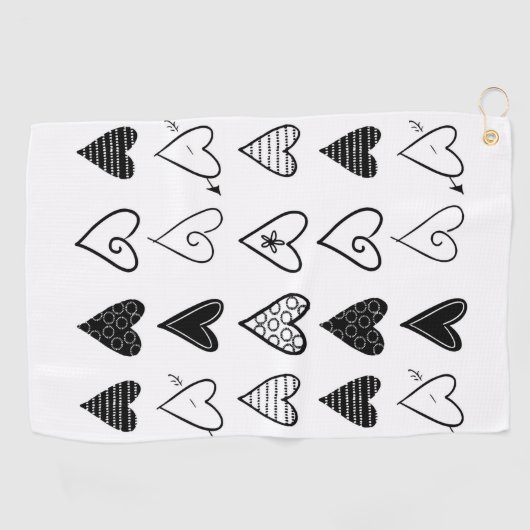 Serviette de golf des Coeurs blanc et noir (Horizontal)