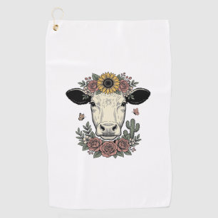 Serviette De Golf Dessin de tête de vache florale gravure vintage_1