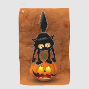 Serviette De Golf Dessin d'Halloween au chat effrayé sur Citrouille
