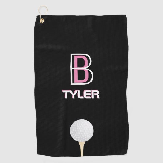 Serviette De Golf do-it-yourself nom & initial blanc & rose, balle d (Devant)