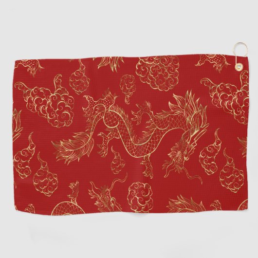 Serviette De Golf Dragon chinois or et rouge foncé (Horizontal)