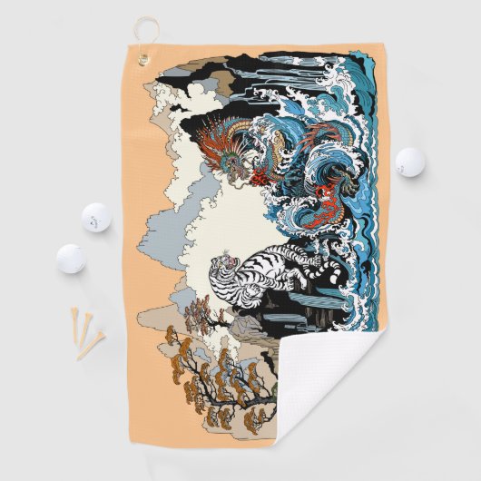 Serviette De Golf Dragon d'azur et Tigre blanc. Illustration (En situation)