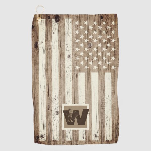 Serviette De Golf Drapeau USA en bois rustique avec monogramme (Devant)