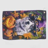 Serviette De Golf Éffrayant Akita Halloween Witch et Citrouille (Horizontal)