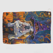 Serviette De Golf Éffrayant Bulldog Halloween sorcière et Citrouille (Horizontal)
