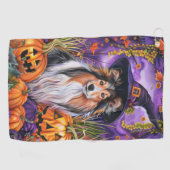 Serviette De Golf Éffrayant Shetland Sheepdog Citrouille de sorcière (Horizontal)