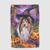 Serviette De Golf Éffrayant Shetland Sheepdog Citrouille de sorcière (Devant)