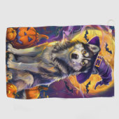 Serviette De Golf Éffrayant Sibérie Husky Chien Halloween Citrouille (Horizontal)