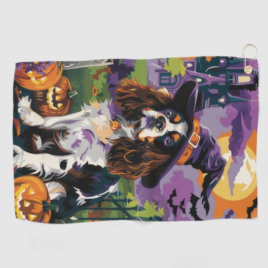 Serviette De Golf Éffrayant Springer Spaniel Halloween Witch Citroui (Horizontal)