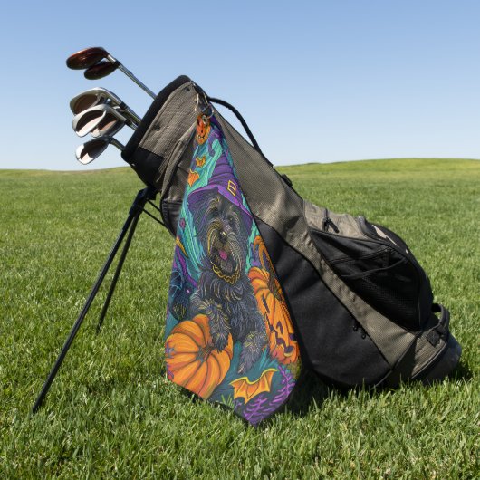 Serviette De Golf Éffrayant Tibétain Terrier Chien Halloween Citroui (Vert)