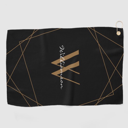 Serviette De Golf Élégant Black Gold Monogramme Nom Script (Horizontal)