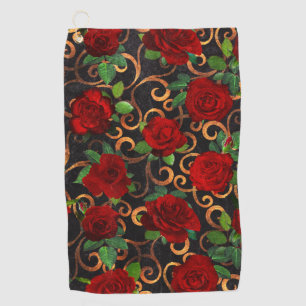 Serviette De Golf Elégant Classy Damask Vintage Chic Roses Rouge Noi